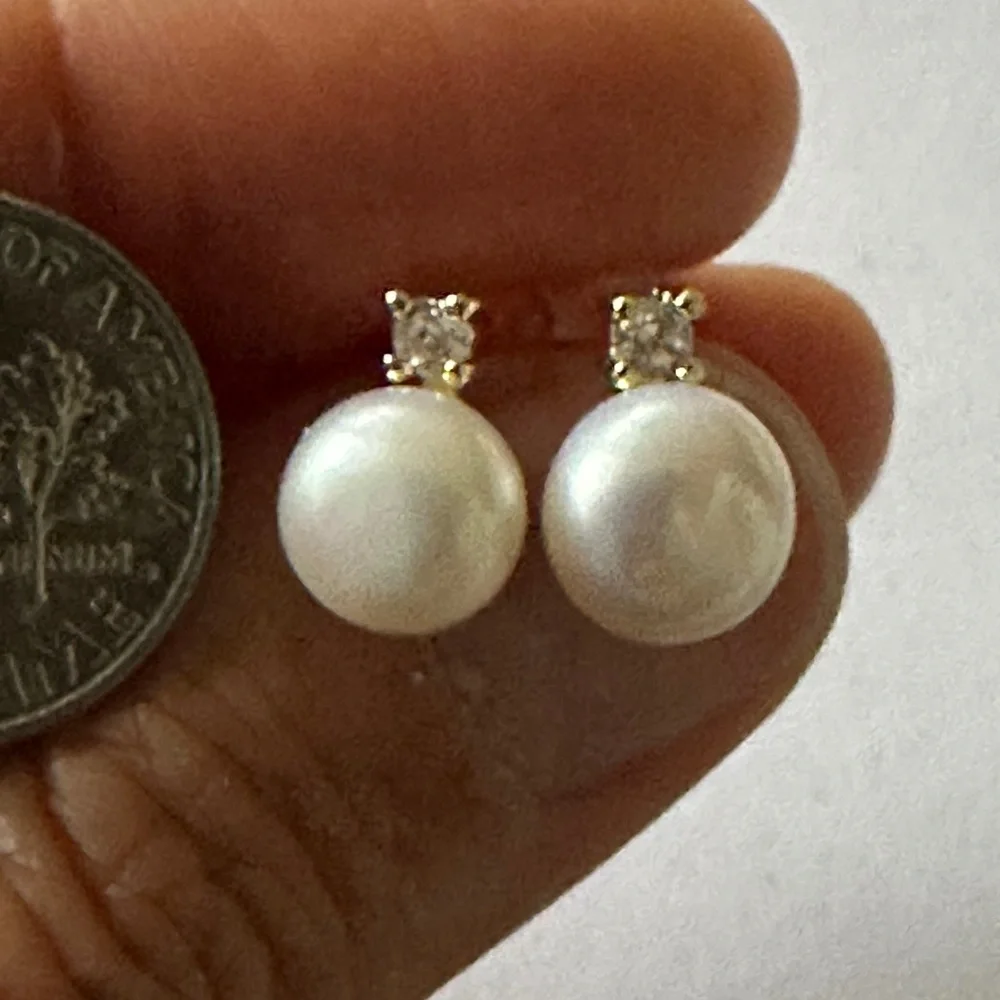 8mm White Cultured Pearl Stud Earrings - 14K Yellow Gold Plate - CZ Accents